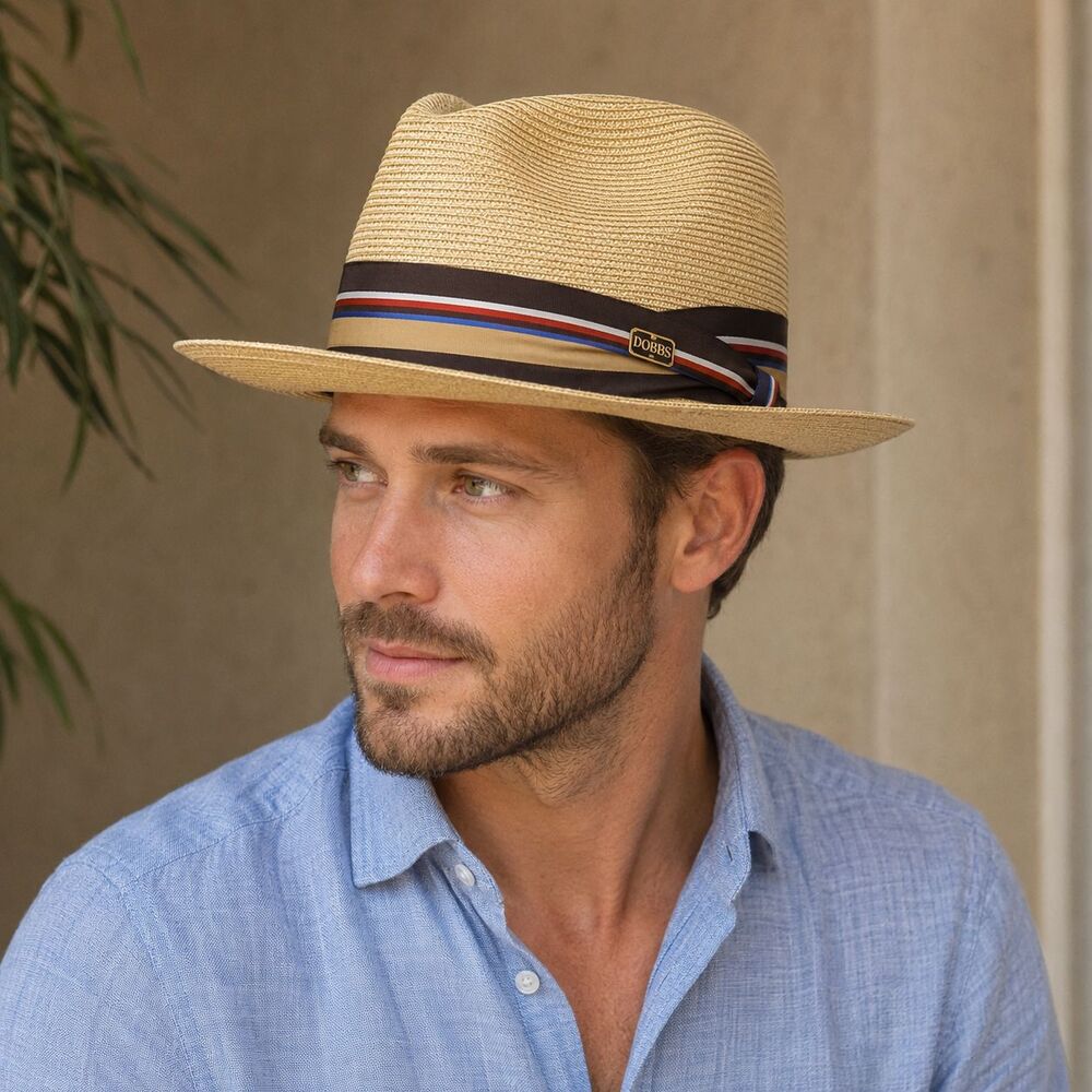 Dobbs Rogue Straw Fedora Hat Size 7 1/8 Sand Brown Band Made in USA Tuscany